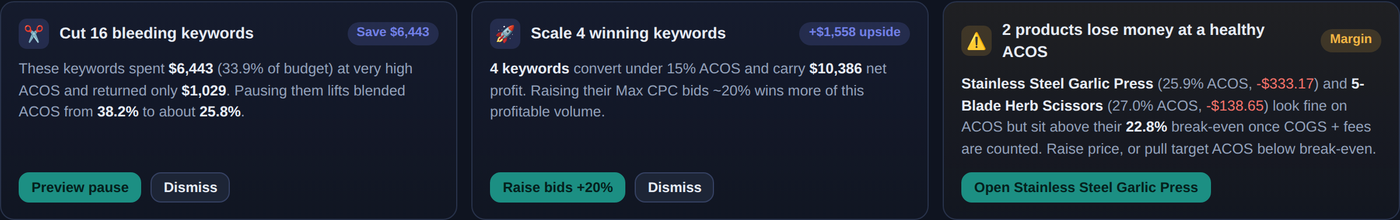 Recommendation cards suggesting cutting bleeding keywords, scaling winning keywords, and flagging products that lose money at a healthy ACOS